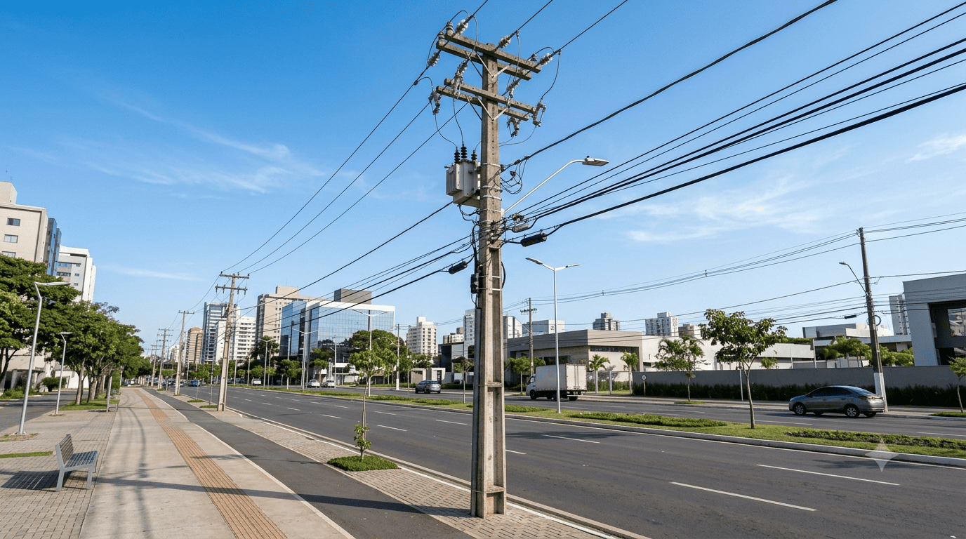 Poste de concreto sustentando rede elétrica em área urbana com infraestrutura moderna.